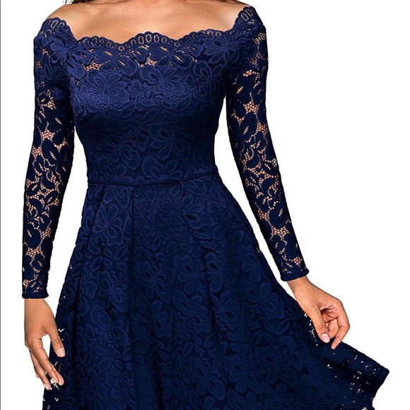 Dresses & Skirts - Plus-size navy blue lace long sleeve dress